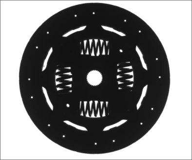 Source backlight image: a dark circular plate contains four spring-window patterns, openings and a central hole.