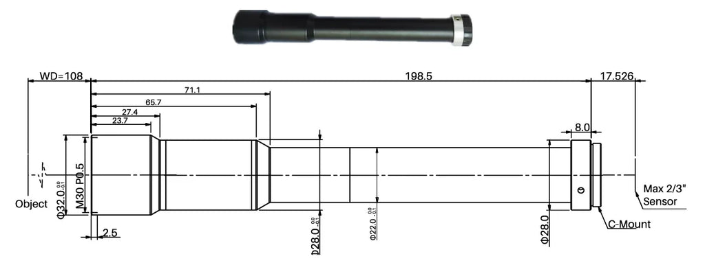 Telecentrický objektiv na straně objektu, 8x, 108 mm WD, 2/3" (LS-MY-8-108)