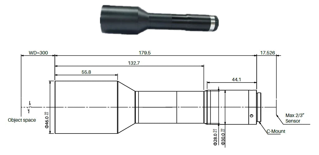Lente telecéntrica del lado del objeto, 1x, 300 mm de distancia de trabajo, 2/3" (LS-MY-1-300-V2)