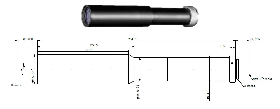 Object-Side Telecentric Lens, 0.8x, 200 mm WD, 1" (LS-KY-08-200)