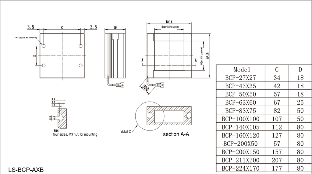 LS-BCP-120X120 dimensions (mm)