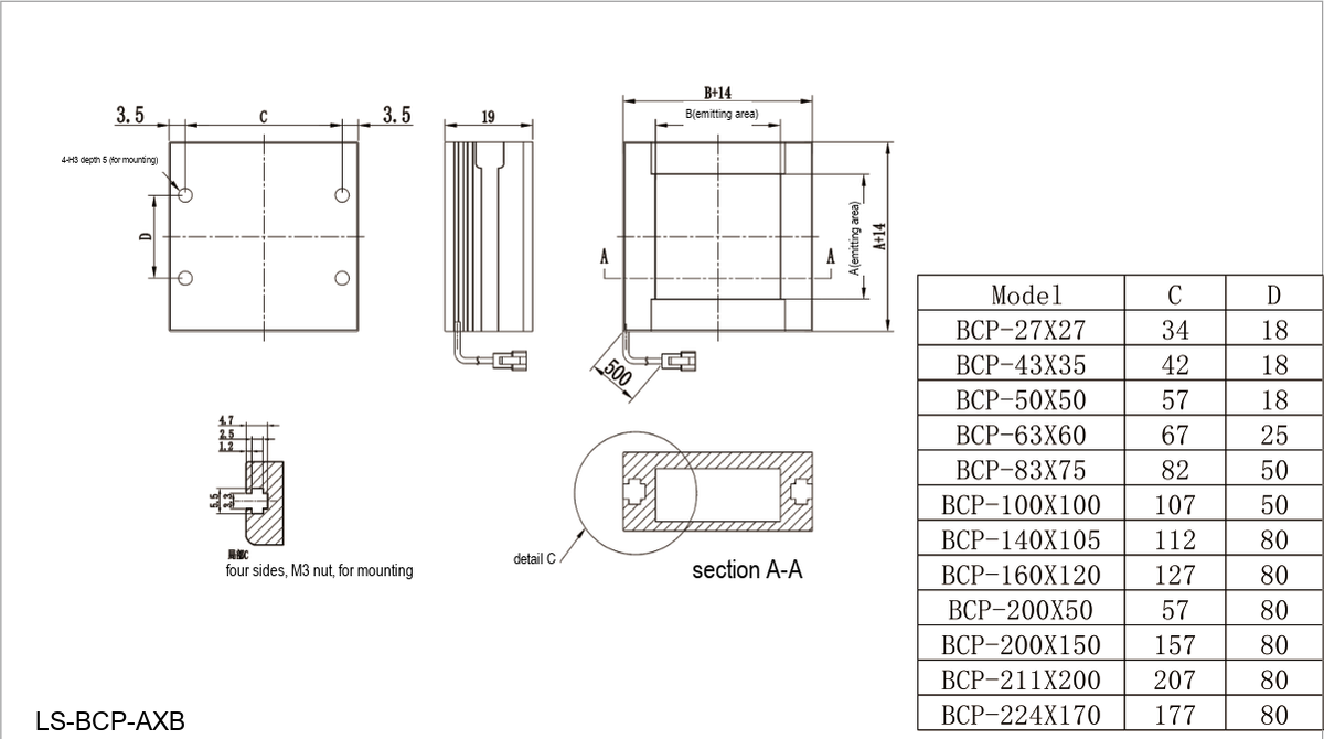 LS-BCP-120X120 dimensions (mm)