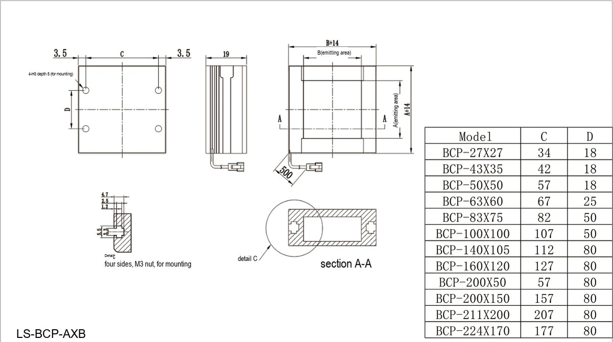 LS-BCP-120X120 dimensions (mm)
