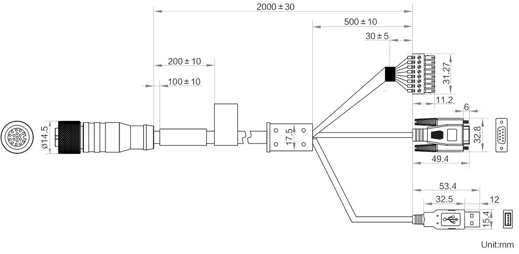MV-IDA-PE-M12A17pF-openU2DB9-ST-2m dimensions (mm)