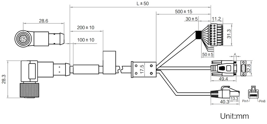 MV-IDA-PE-M12A17pF(UP)-openRJ45DB9-ST-3m dimensions (mm)