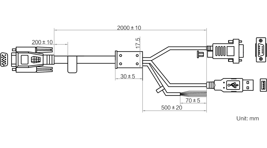 MV-IDAPE-DB15M-USBDB9FOPEN--ST-2m dimensions (mm)