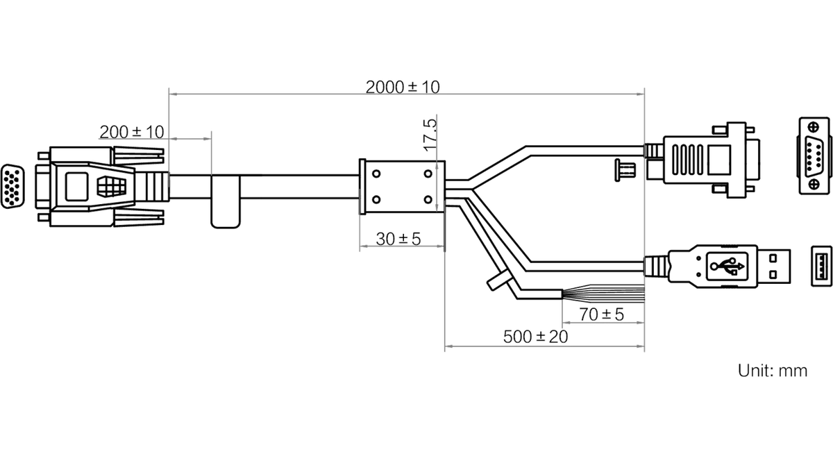 MV-IDAPE-DB15M-USBDB9FOPEN--ST-2m dimensions (mm)