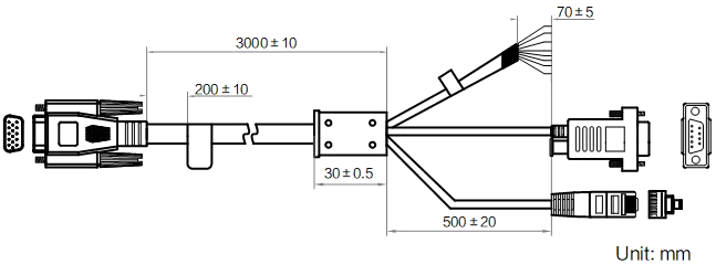MV-IDAPE-DB15M-DB9FRJ45OPEN-ST-3m dimensions (mm)