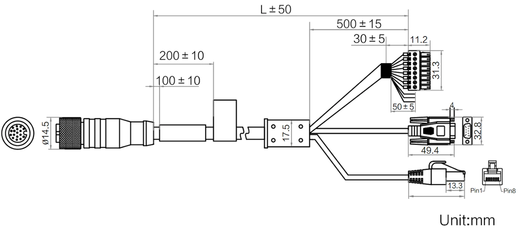MV-IDA-PE-M12A17pF-openRJ45DB9-ST-5m dimensions (mm)