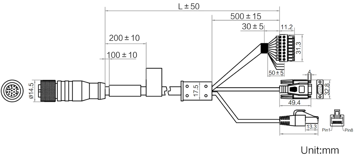 MV-IDA-PE-M12A17pF-openRJ45DB9-ST-5m dimensions (mm)