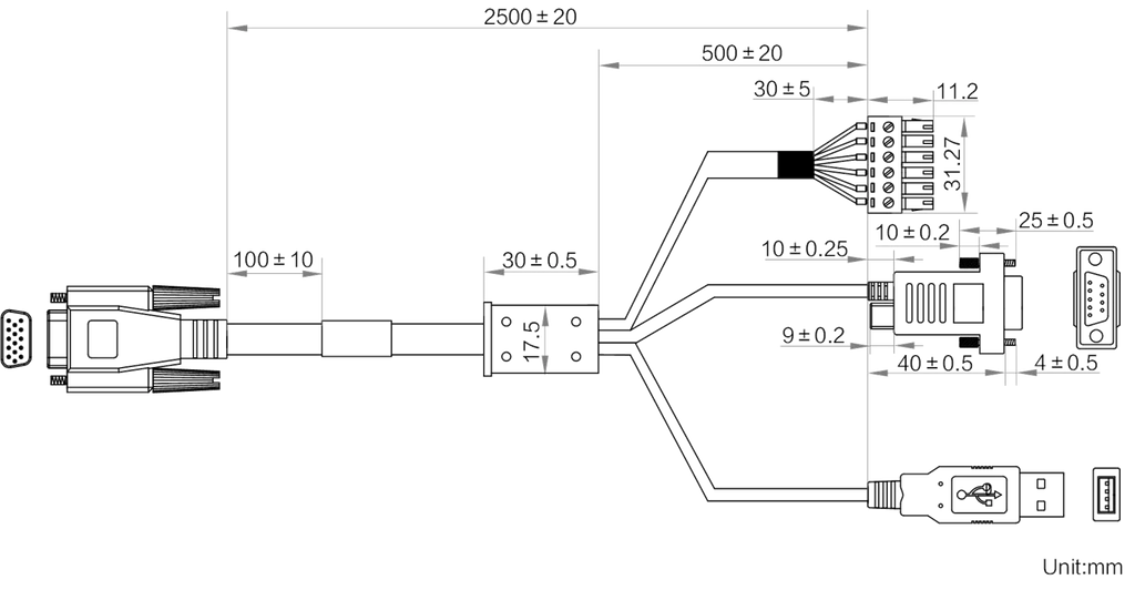 MV-IDA-PE-HDB15-USBDB9Open-ST-2.5m dimensions (mm)
