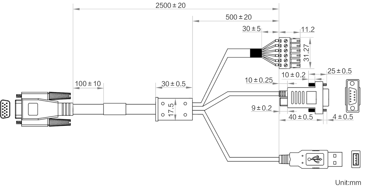 MV-IDA-PE-HDB15-USBDB9Open-ST-2.5m dimensions (mm)