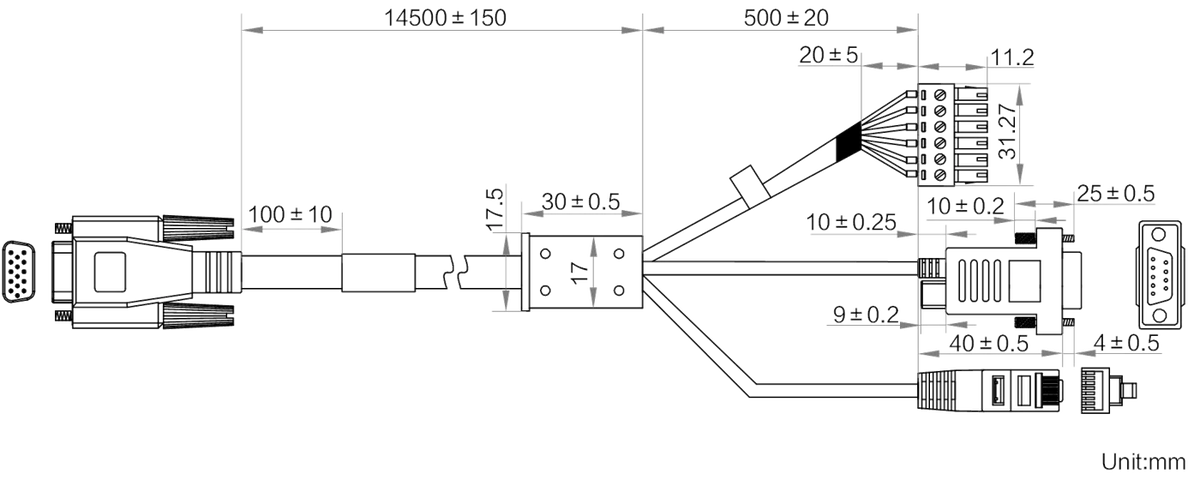 MV-IDA-PE-HDB15-RJ45DB9Open-ST-15m dimensions (mm)