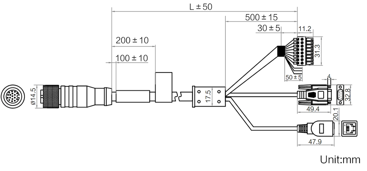 MV-IDA-PE-M12A17pF-openRJ45FDB9-ST-3m dimensions (mm)