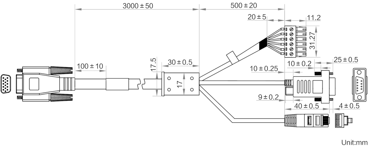 MV-IDA-PE-HDB15-RJ45DB9Open-ST-3.5m dimensions (mm)