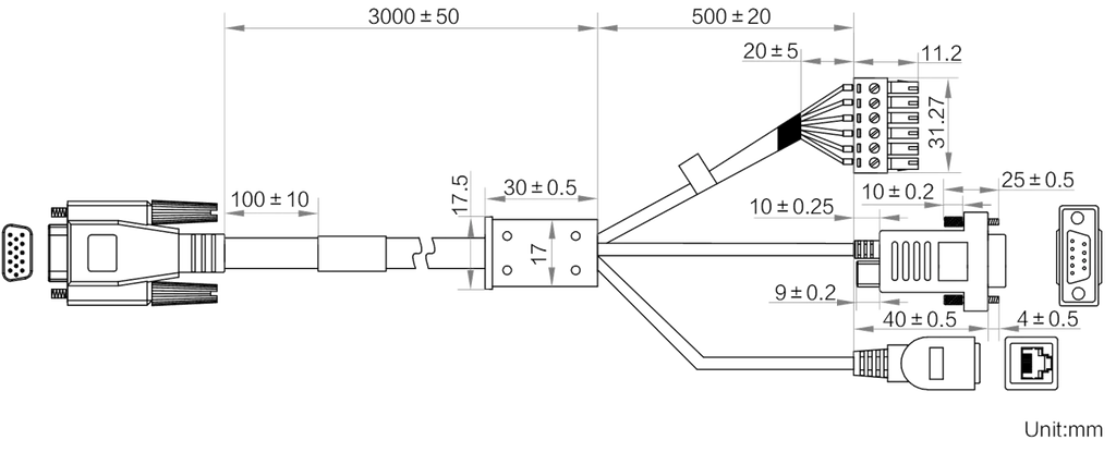 MV-IDA-PE-HDB15-RJ45FDB9Open-ST-3.5m dimensions (mm)