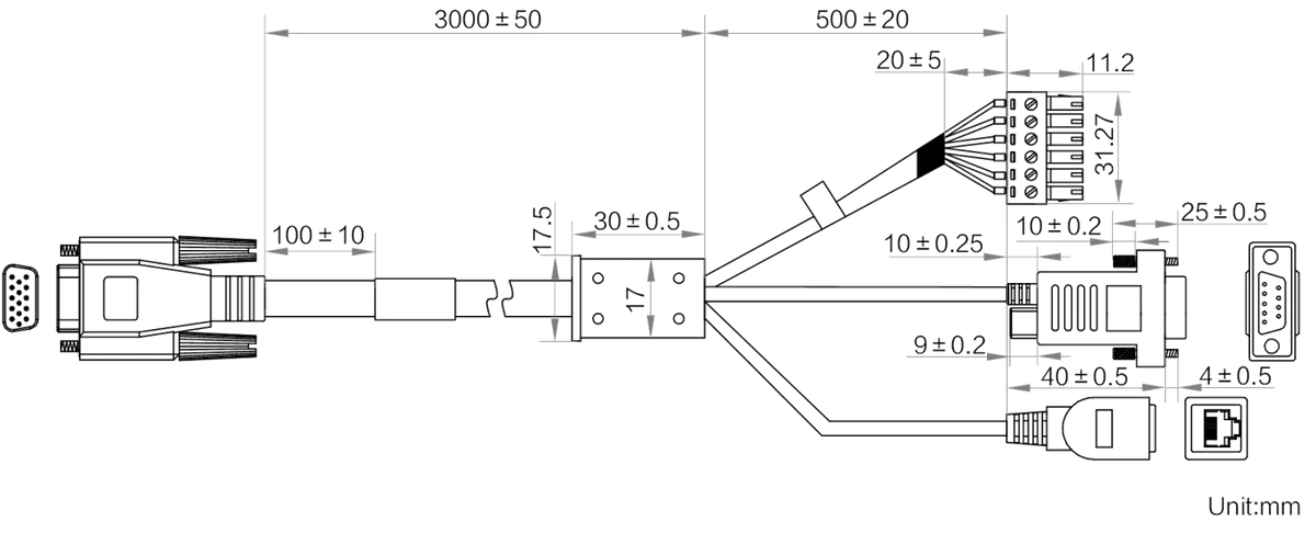 MV-IDA-PE-HDB15-RJ45FDB9Open-ST-3.5m dimensions (mm)