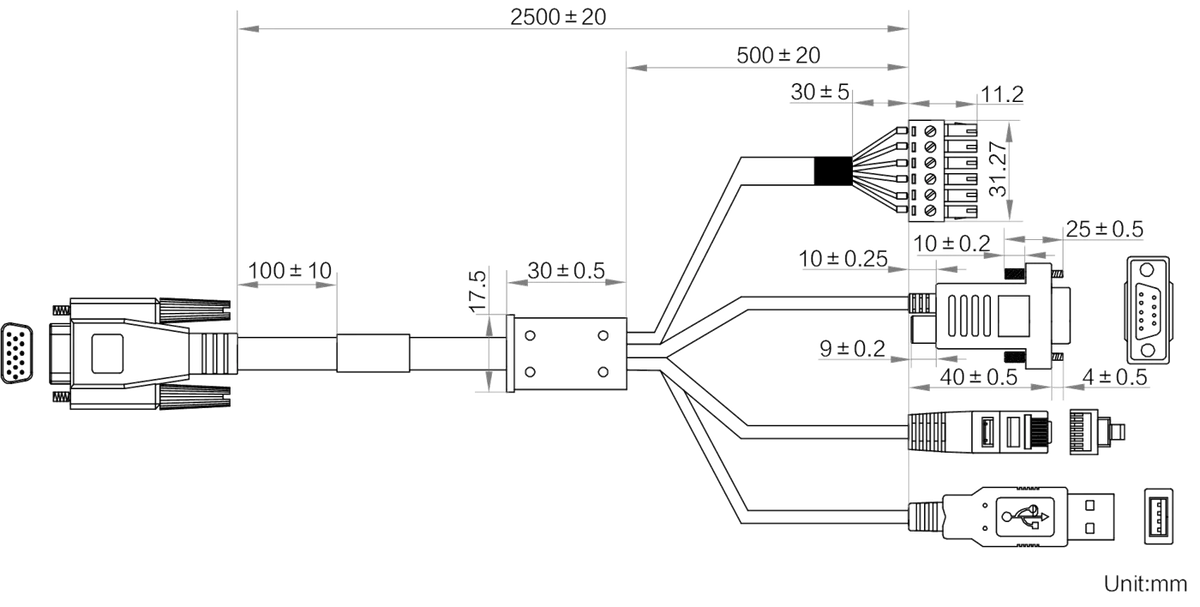 MV-IDA-PE-HDB15-USBRJ45DB9Open-ST-2.5m dimensions (mm)